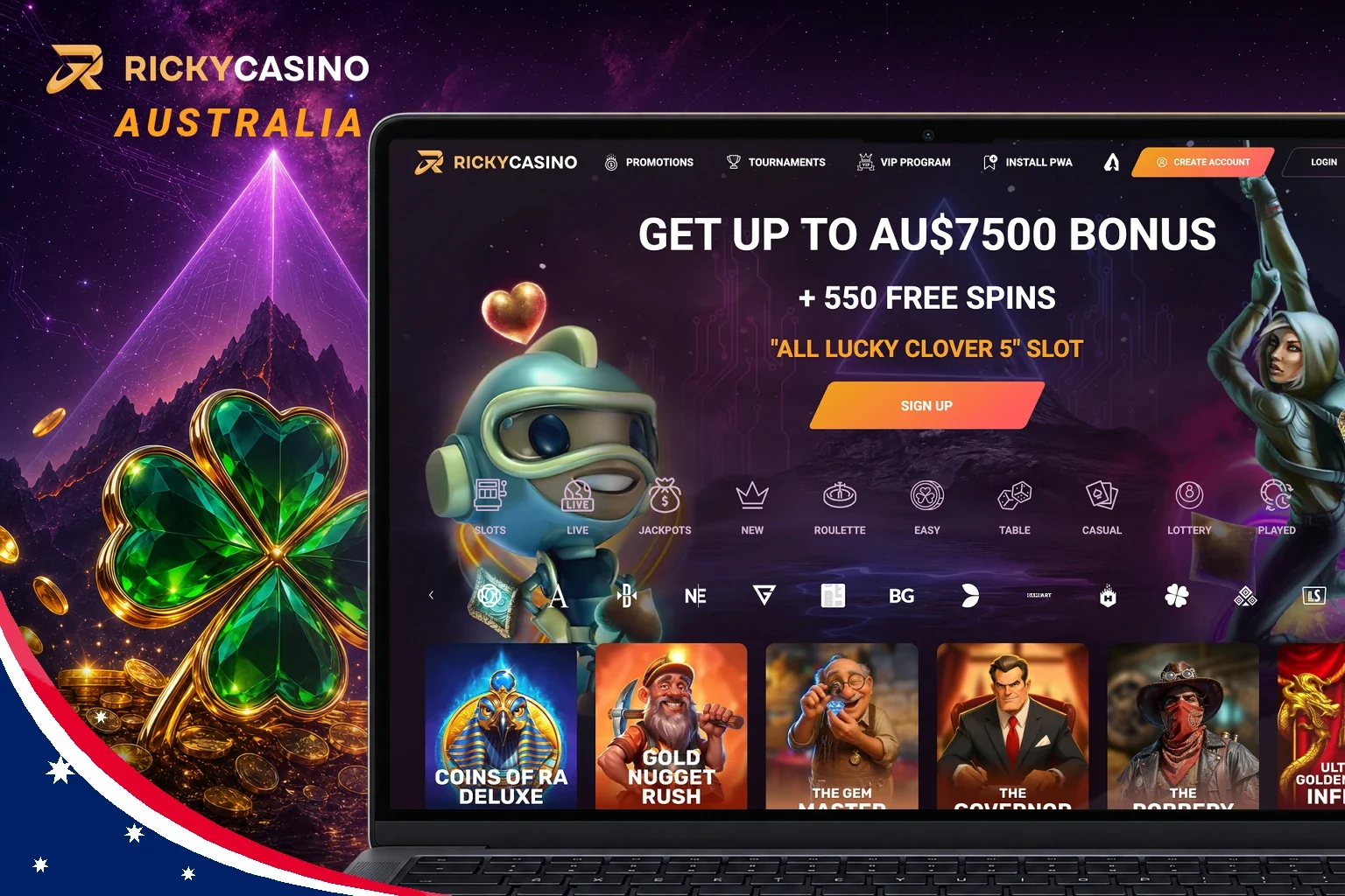Ricky Casino Australia home page with the AU$7,500 welcome offer on a laptop screen