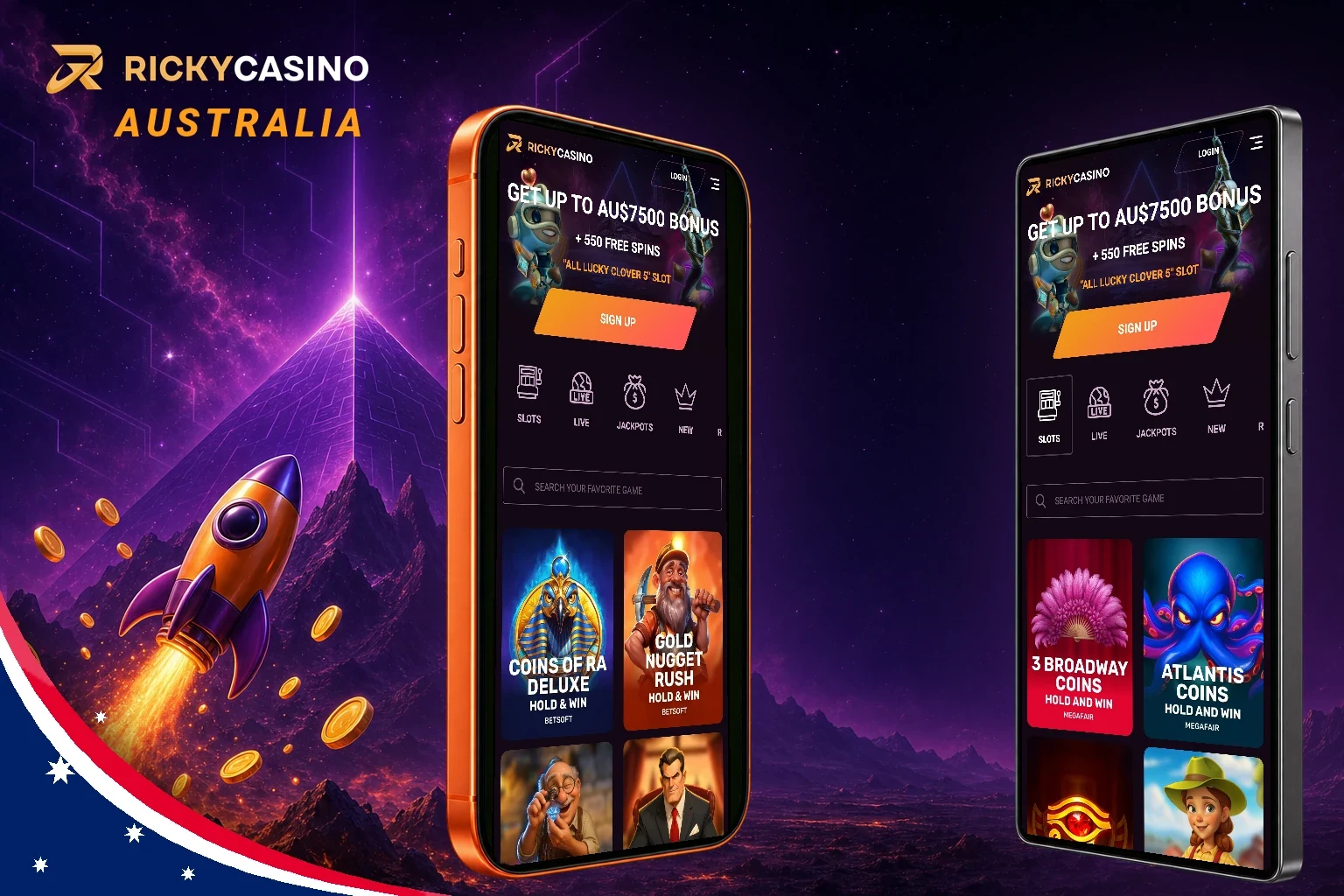 Ricky Casino mobile app on two iPhones with the lobby and welcome bonus