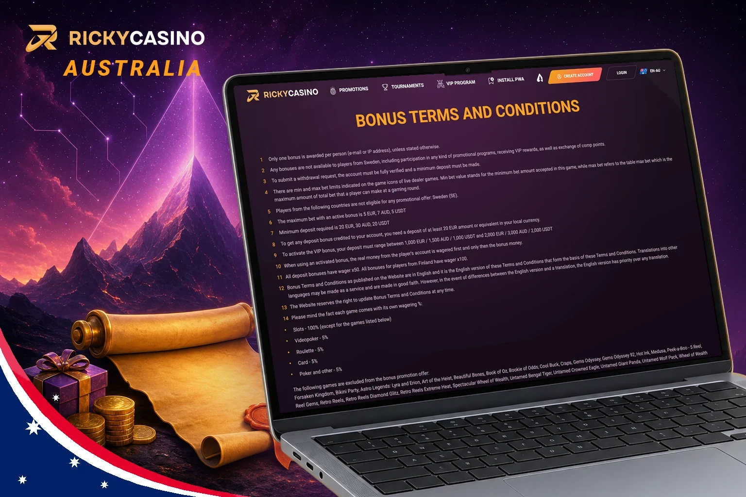 Ricky Casino bonus terms and conditions page on a laptop
