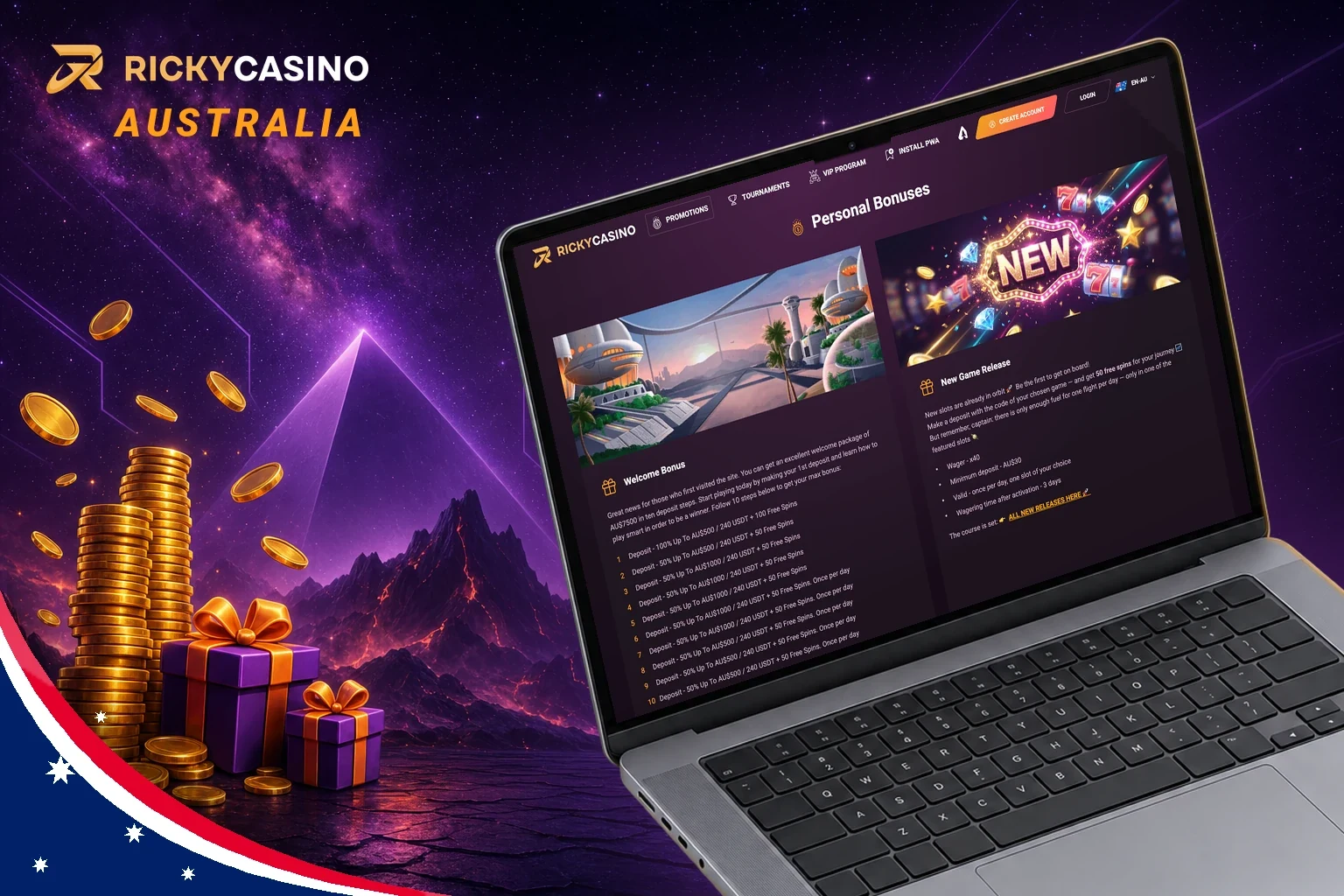 Ricky Casino promotions page with the welcome package and new game release offer