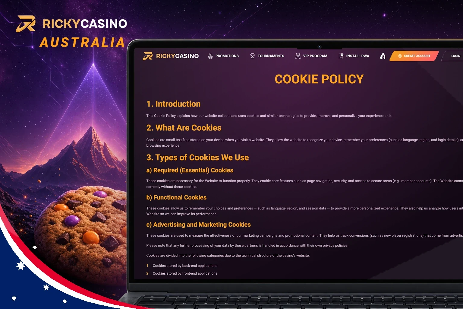 Ricky Casino cookie policy page on a laptop