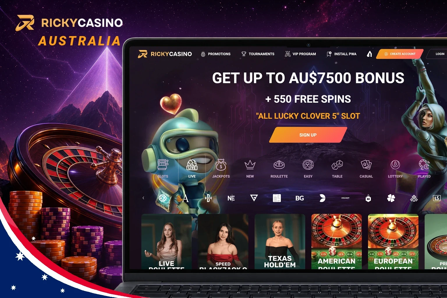 Ricky Casino live dealer lobby with roulette, blackjack and baccarat tables