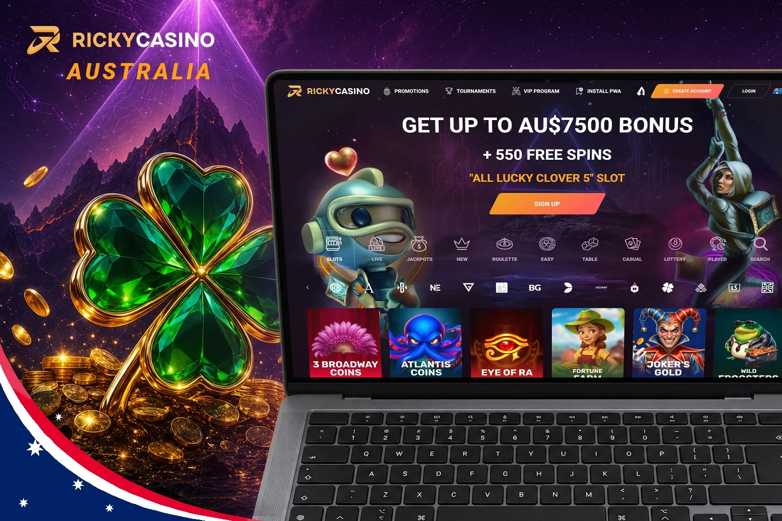 Ricky Casino game lobby with slot categories and providers