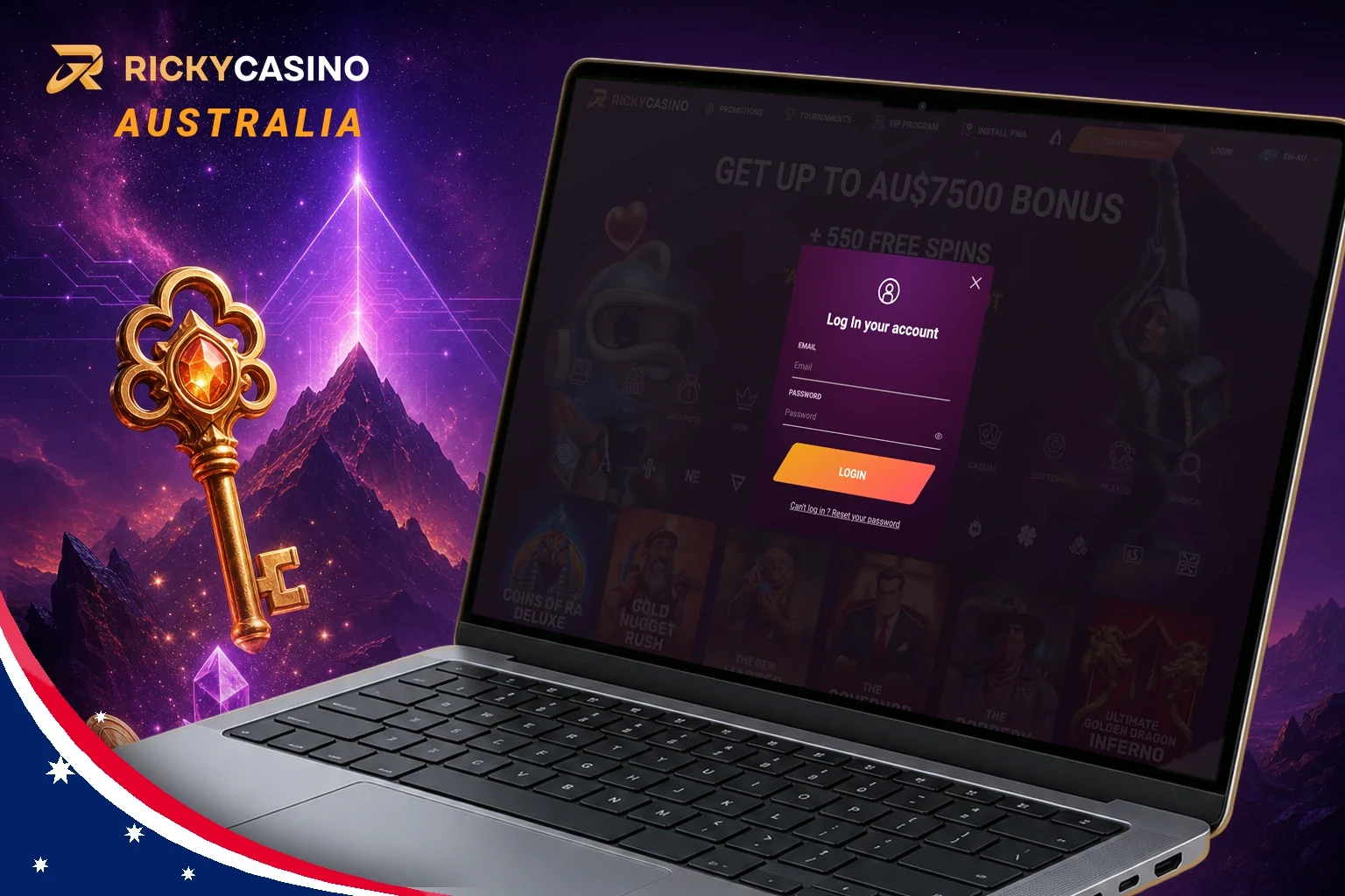 Ricky Casino login window on a laptop