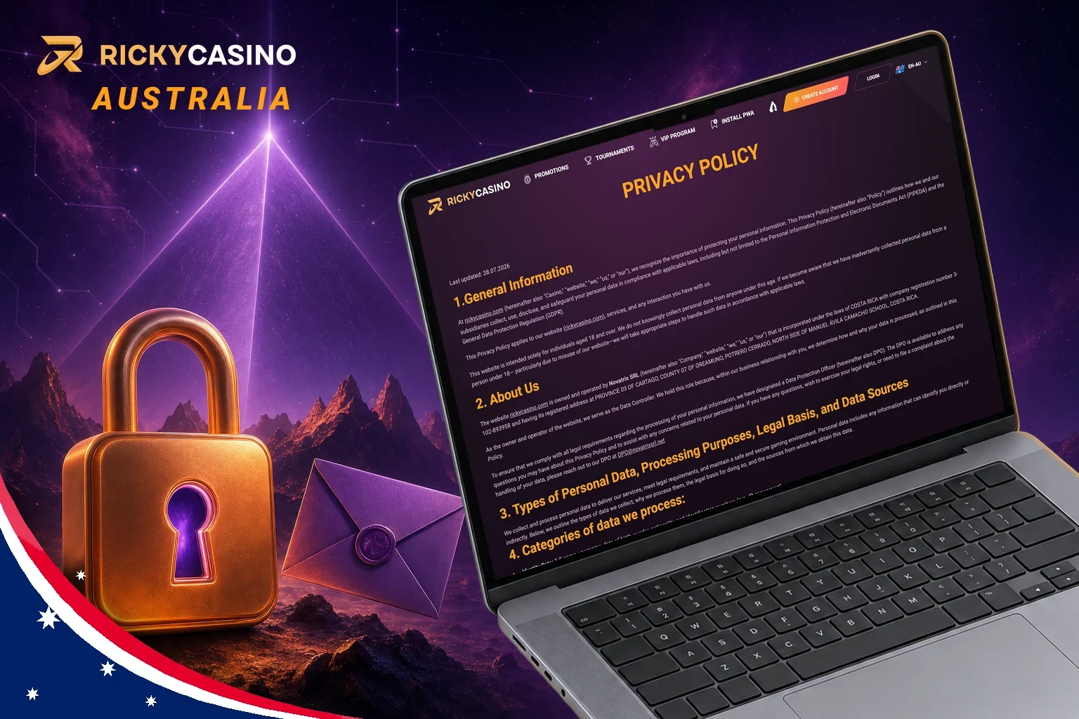 Ricky Casino privacy policy page on a laptop