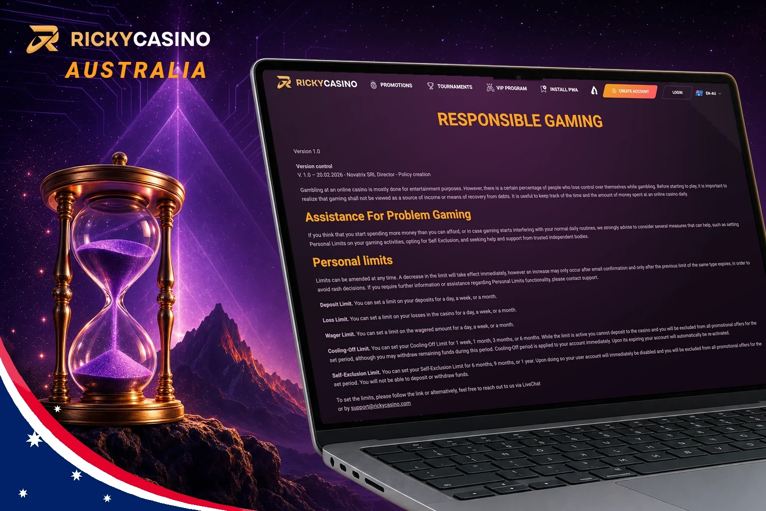 Ricky Casino responsible gaming page on a laptop
