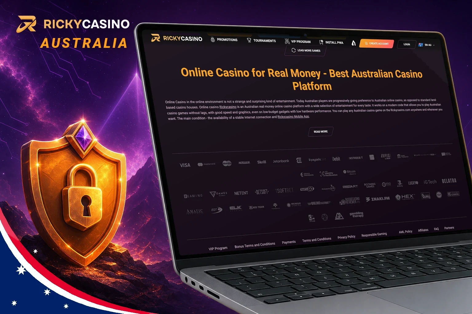 Ricky Casino footer with the Novatrix SRL company details and Tobique Gaming Commission licence