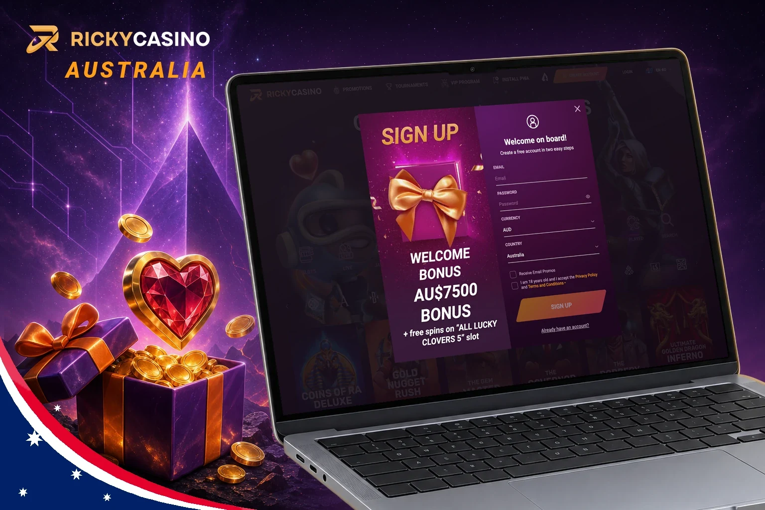 Ricky Casino sign-up form with AUD currency and Australia selected