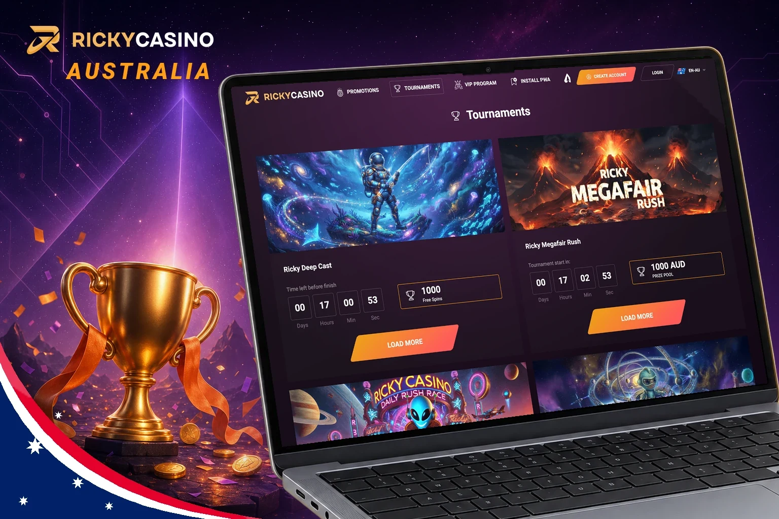 Ricky Casino tournaments page with Ricky Deep Cast and Ricky Megafair Rush