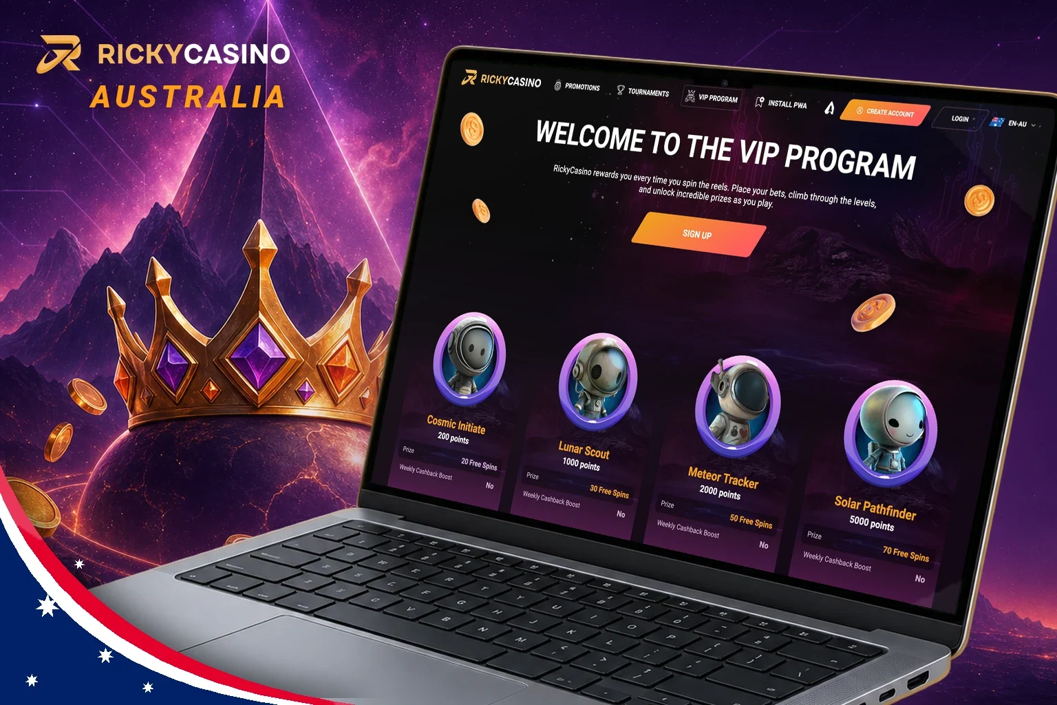 Ricky Casino VIP program page with the level cards from Cosmic Initiate to Solar Pathfinder