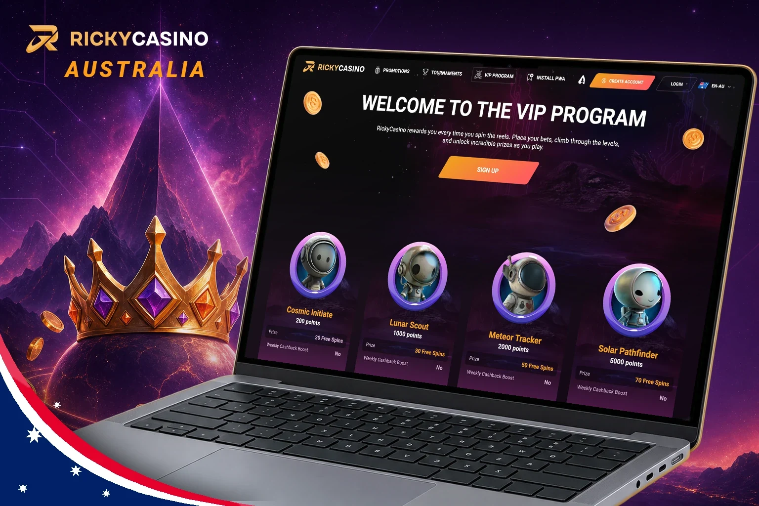 Ricky Casino VIP program page with the first levels from Cosmic Initiate